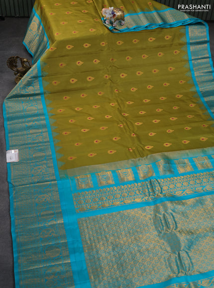 Pure gadwal silk saree mehendi green and teal blue with zari woven buttas and temple design long zari woven border