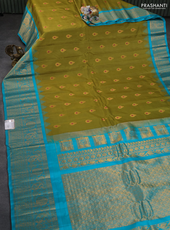 Pure gadwal silk saree mehendi green and teal blue with zari woven buttas and temple design long zari woven border