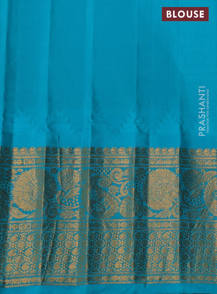 Pure gadwal silk saree mehendi green and teal blue with zari woven buttas and temple design long zari woven border