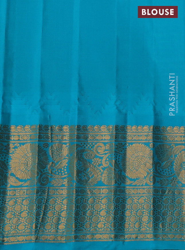 Pure gadwal silk saree mehendi green and teal blue with zari woven buttas and temple design long zari woven border