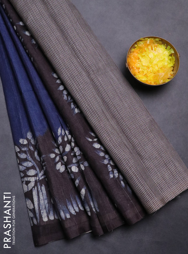 Semi tussar saree blue and deep jamun shade with plain body and tree butta printed border