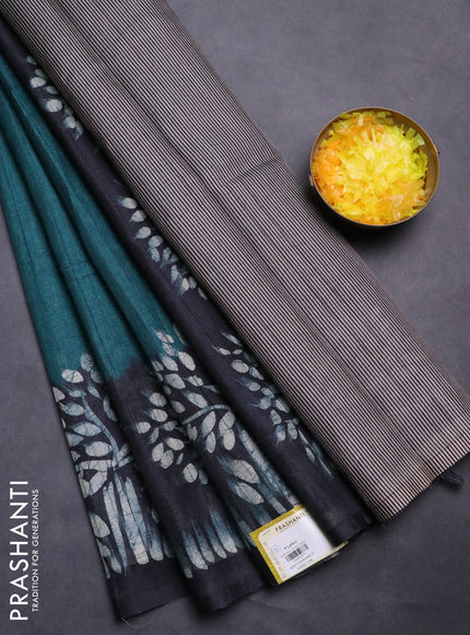 Semi tussar saree peacock green and black with plain body and tree butta printed border