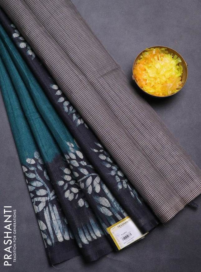 Semi tussar saree peacock green and black with plain body and tree butta printed border