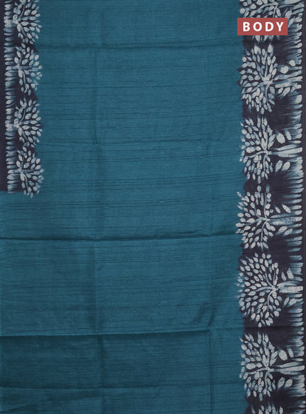 Semi tussar saree peacock green and black with plain body and tree butta printed border