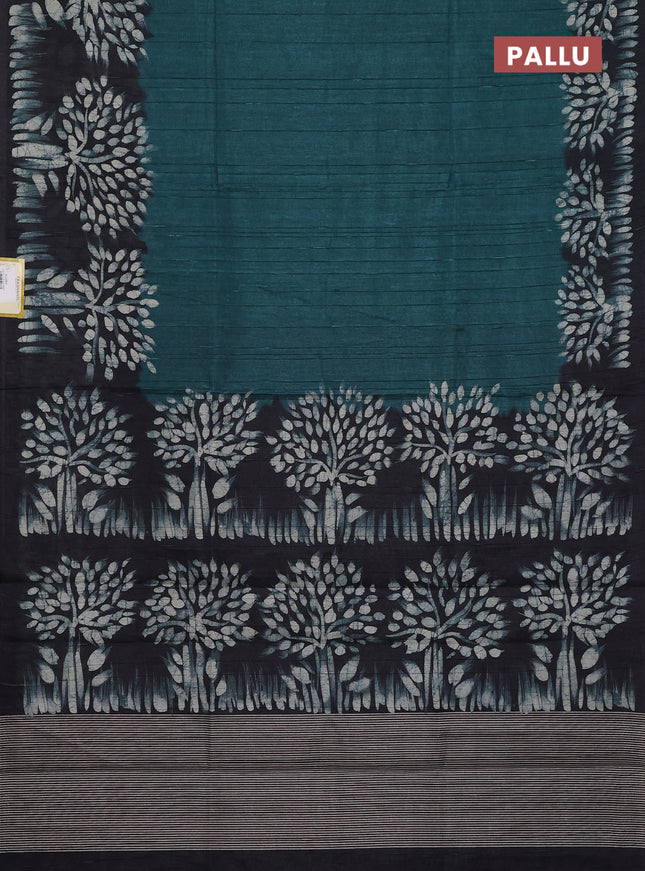 Semi tussar saree peacock green and black with plain body and tree butta printed border