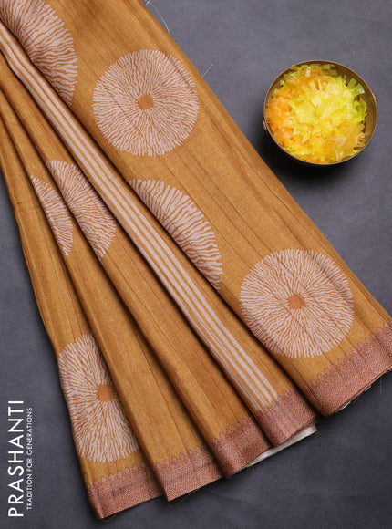 Semi tussar saree mustard yellow with shibori butta prints and simple border
