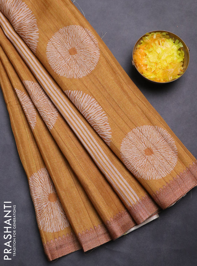 Semi tussar saree mustard yellow with shibori butta prints and simple border