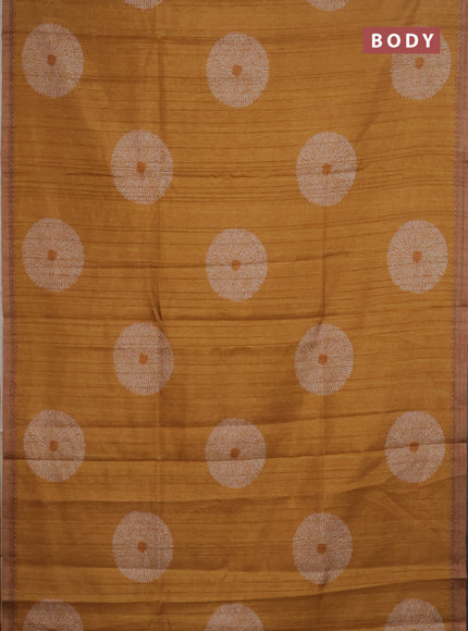 Semi tussar saree mustard yellow with shibori butta prints and simple border