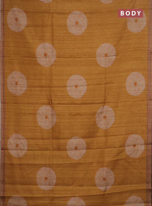 Semi tussar saree mustard yellow with shibori butta prints and simple border