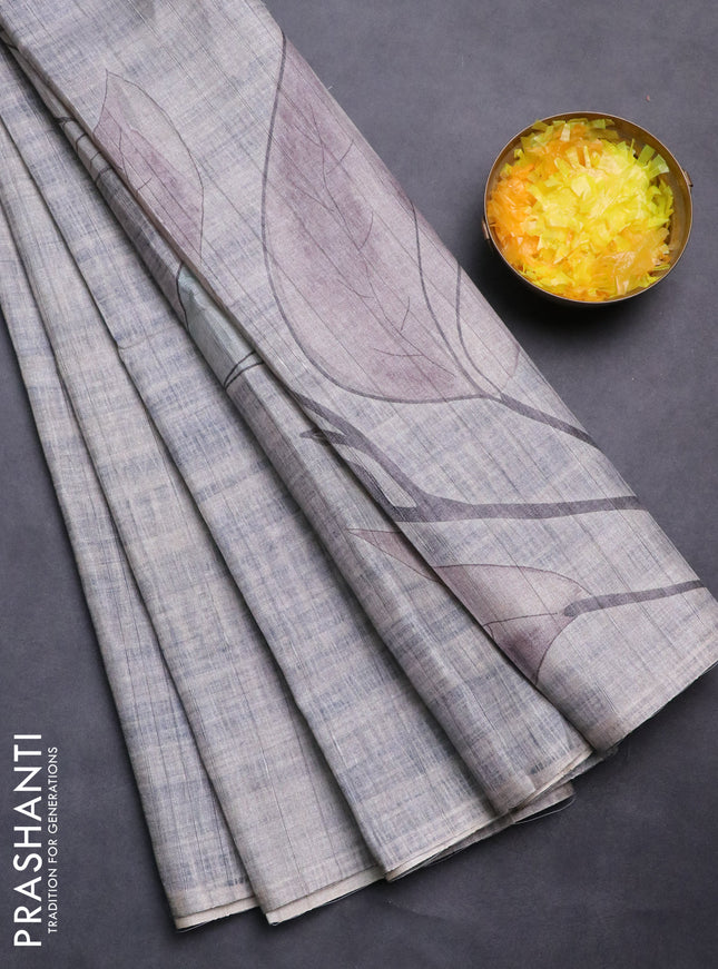 Semi tussar saree grey with digital prints in borderless style