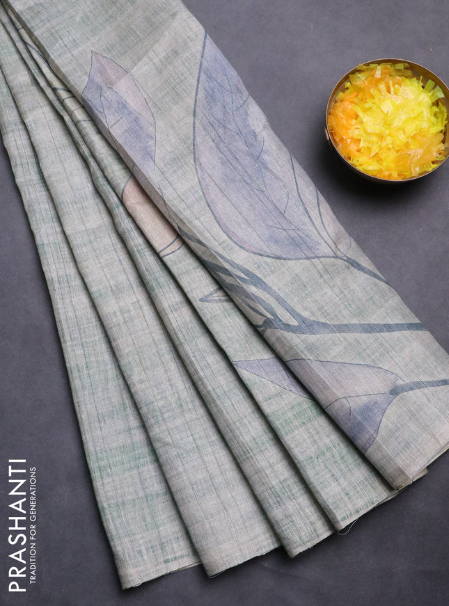 Semi tussar saree greyish green with digital prints in borderless style