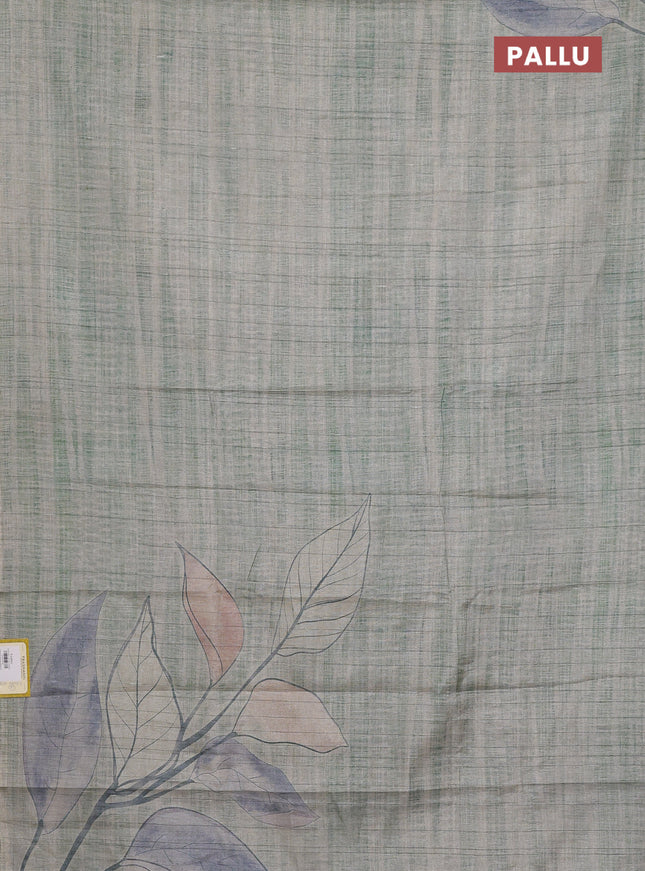 Semi tussar saree greyish green with digital prints in borderless style
