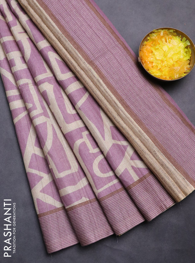 Semi tussar saree mauve pink and beige with geometric prints and simple border