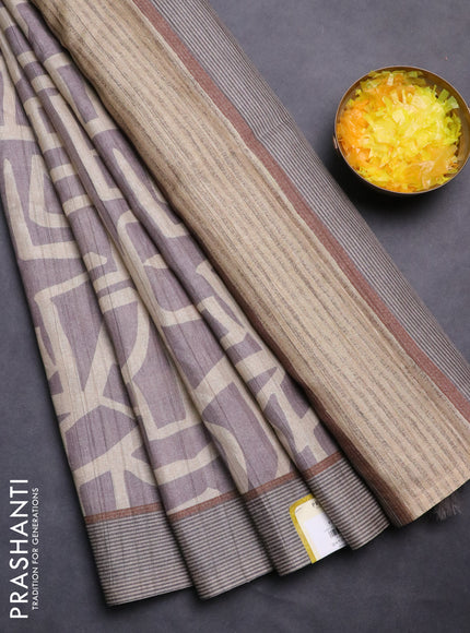 Semi tussar saree pastel lavender and beige with geometric prints and simple border