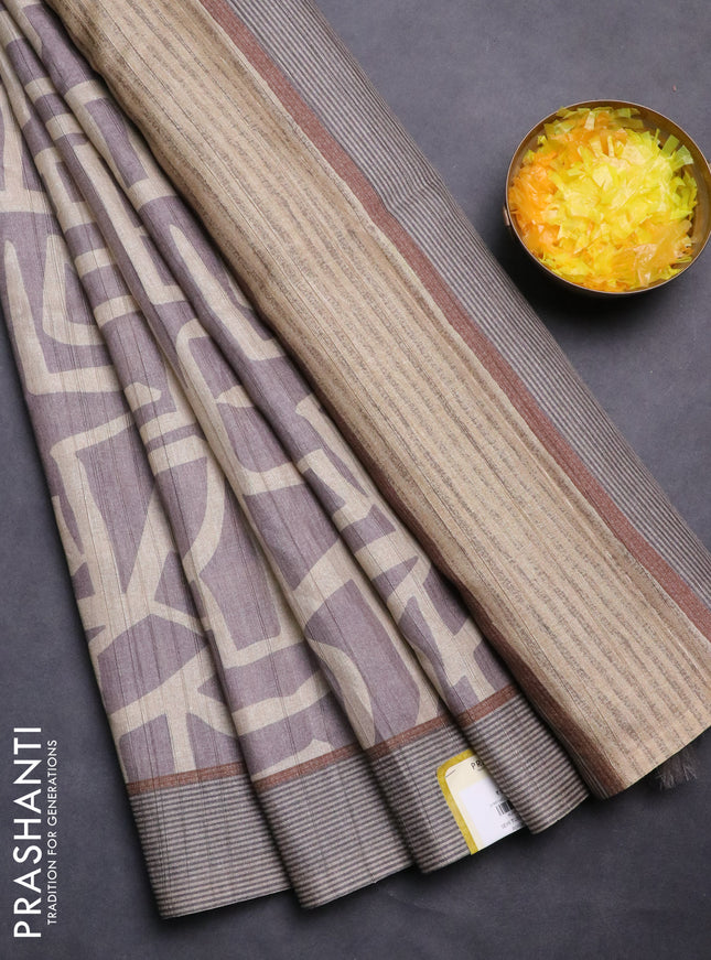 Semi tussar saree pastel lavender and beige with geometric prints and simple border