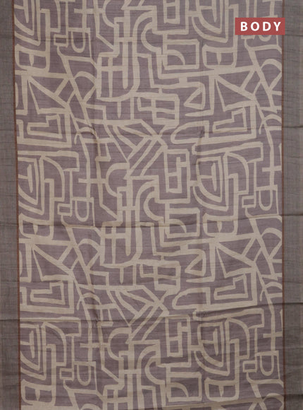 Semi tussar saree pastel lavender and beige with geometric prints and simple border