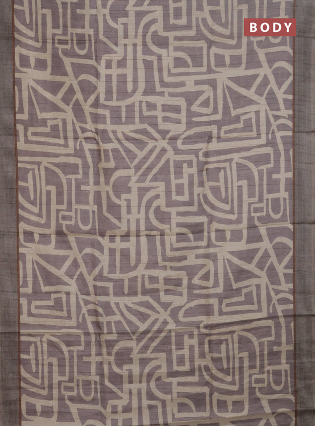 Semi tussar saree pastel lavender and beige with geometric prints and simple border