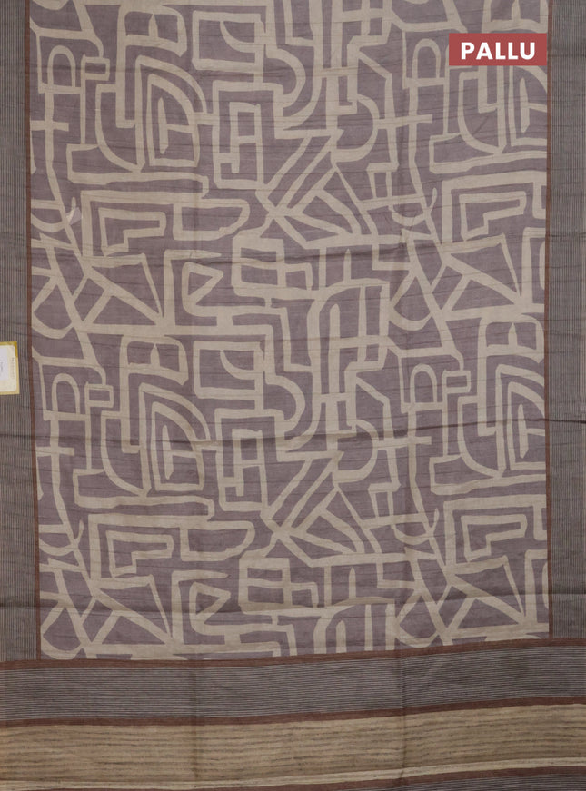 Semi tussar saree pastel lavender and beige with geometric prints and simple border