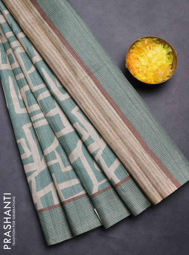 Semi tussar saree pastel green and beige with geometric prints and simple border