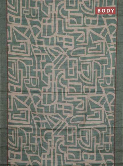 Semi tussar saree pastel green and beige with geometric prints and simple border