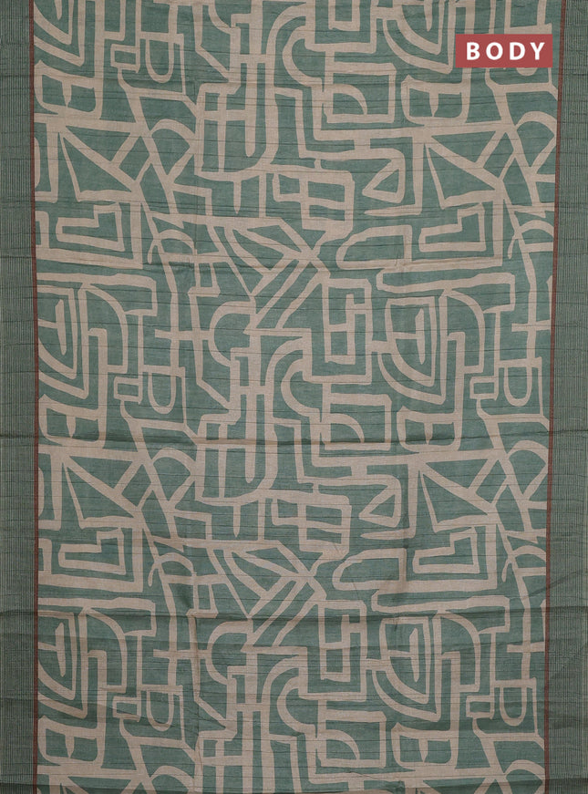 Semi tussar saree pastel green and beige with geometric prints and simple border