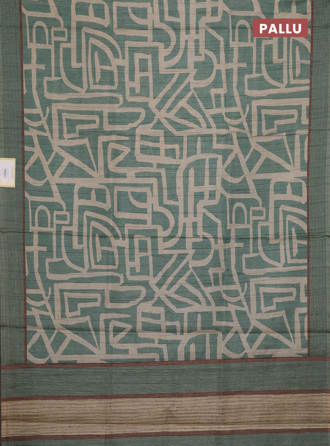 Semi tussar saree pastel green and beige with geometric prints and simple border
