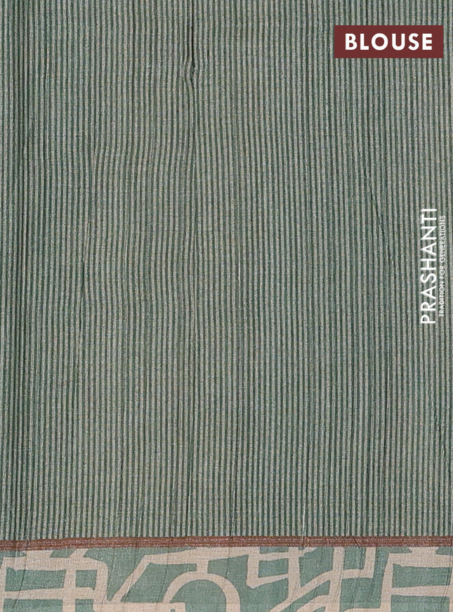 Semi tussar saree pastel green and beige with geometric prints and simple border