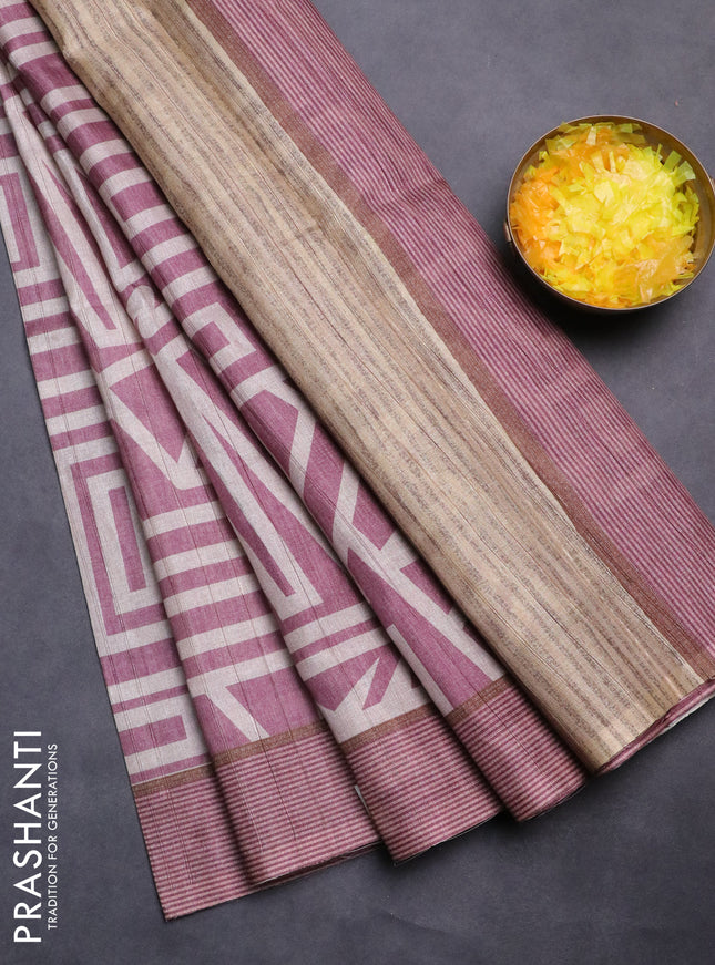 Semi tussar saree mauve pink and beige with geometric prints and simple border