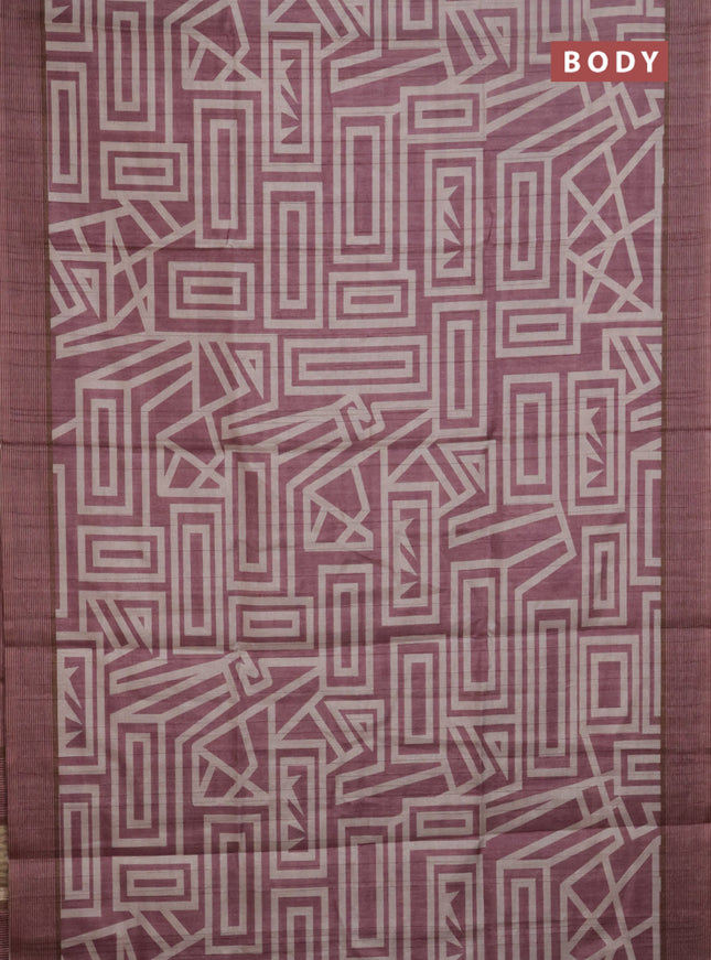 Semi tussar saree mauve pink and beige with geometric prints and simple border