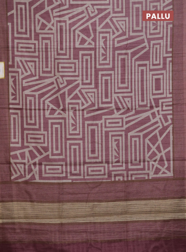Semi tussar saree mauve pink and beige with geometric prints and simple border