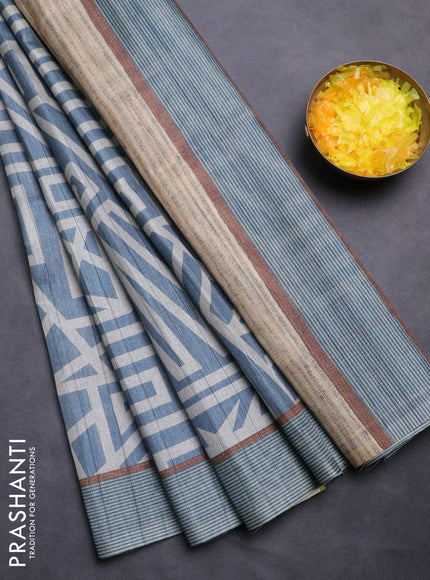 Semi tussar saree pastel blue and beige with geometric prints and simple border