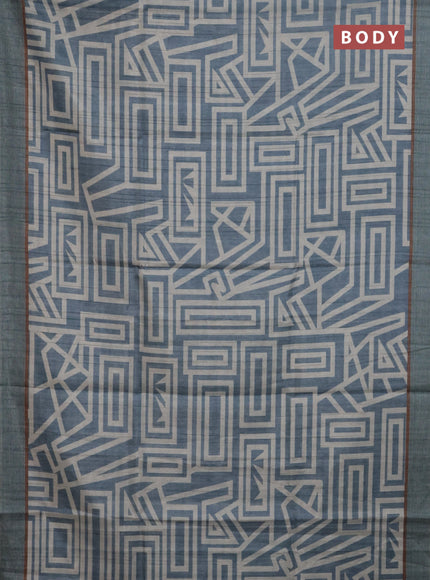 Semi tussar saree pastel blue and beige with geometric prints and simple border