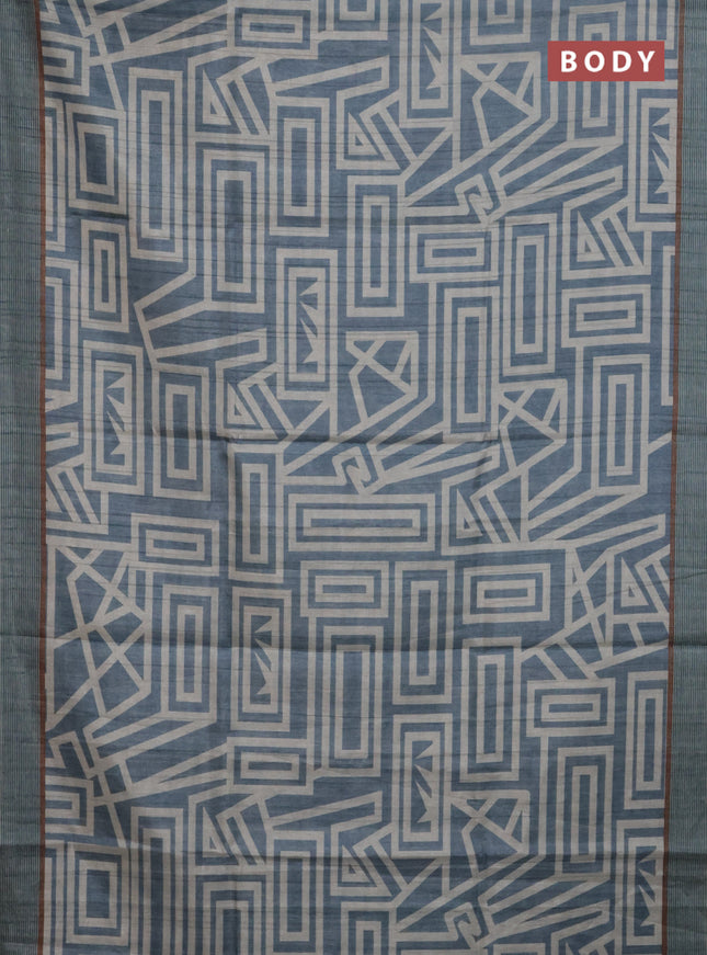 Semi tussar saree pastel blue and beige with geometric prints and simple border