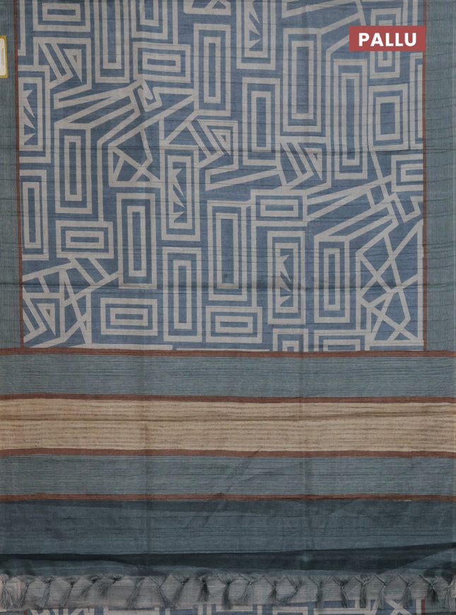 Semi tussar saree pastel blue and beige with geometric prints and simple border
