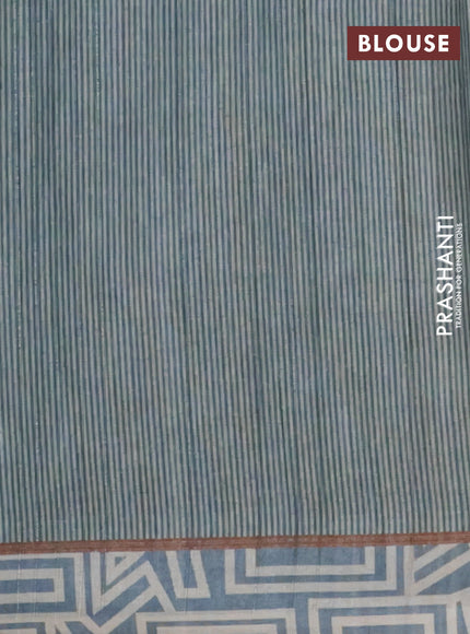 Semi tussar saree pastel blue and beige with geometric prints and simple border