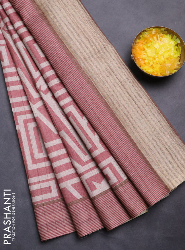 Semi tussar saree maroon shade and beige with geometric prints and simple border