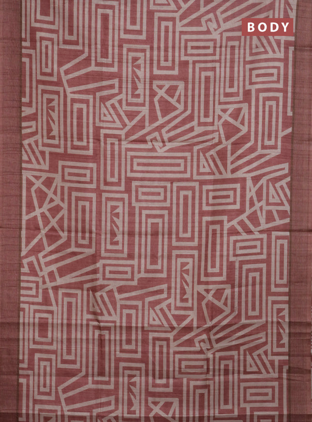 Semi tussar saree maroon shade and beige with geometric prints and simple border