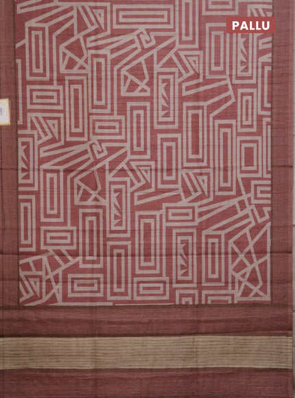 Semi tussar saree maroon shade and beige with geometric prints and simple border