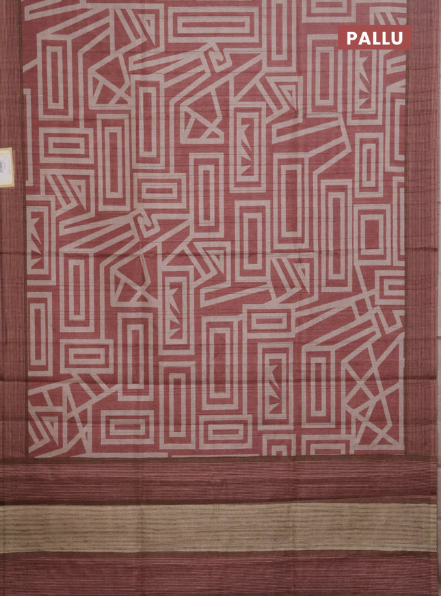 Semi tussar saree maroon shade and beige with geometric prints and simple border