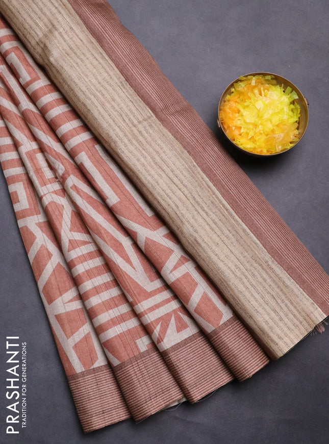 Semi tussar saree rust shade and beige with geometric prints and simple border