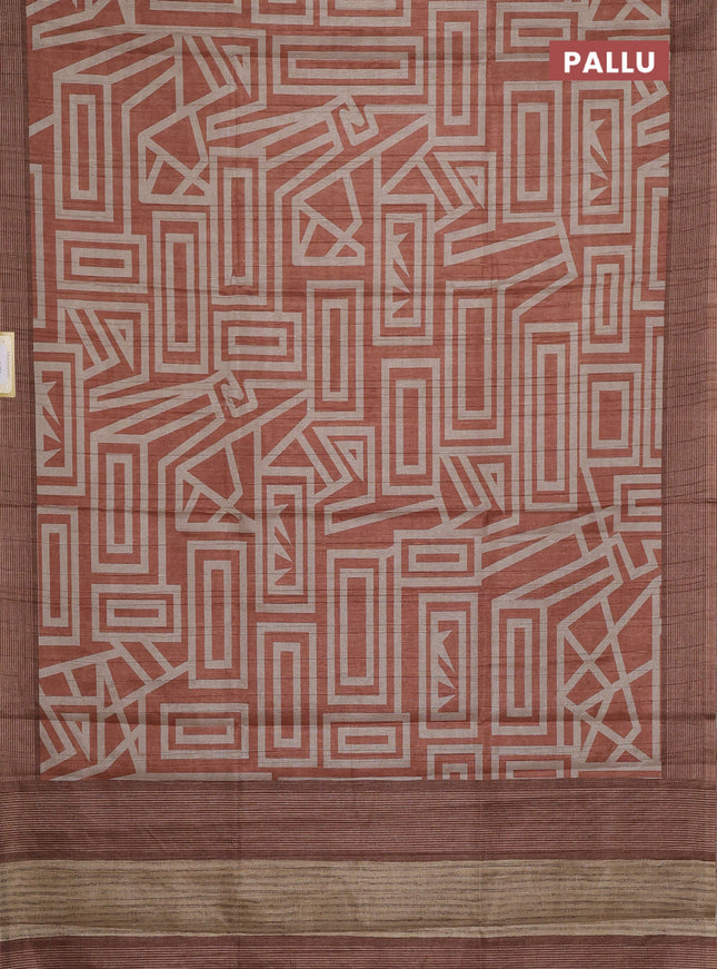 Semi tussar saree rust shade and beige with geometric prints and simple border