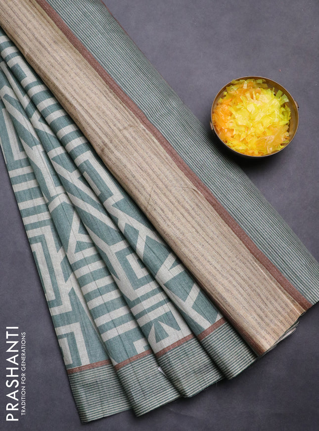 Semi tussar saree pastel green with geometric prints and simple border