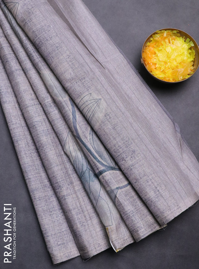 Semi tussar saree grey shade with floral digital prints in borderless style