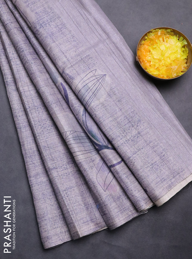 Semi tussar saree pastel violet with floral digital prints in borderless style