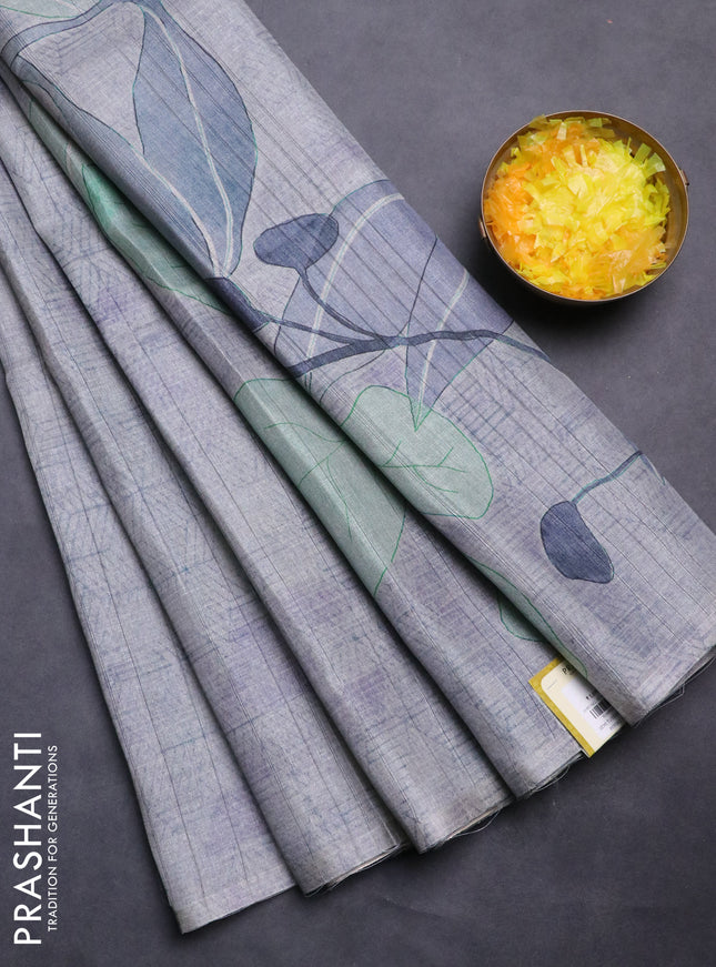 Semi tussar saree pastel grey with digital prints in borderless style