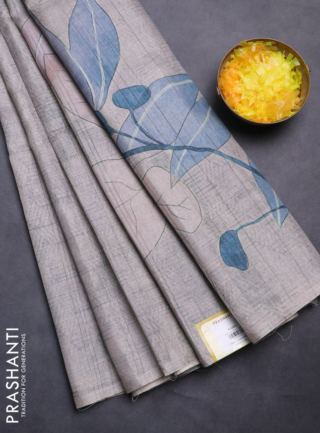 Semi tussar saree grey shade with digital prints in borderless style