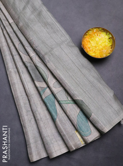 Semi tussar saree grey shade with digital prints in borderless style