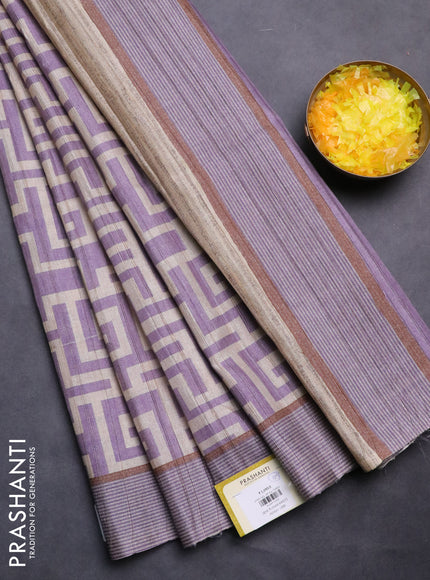 Semi tussar saree lavender and beige with geometric prints and simple border