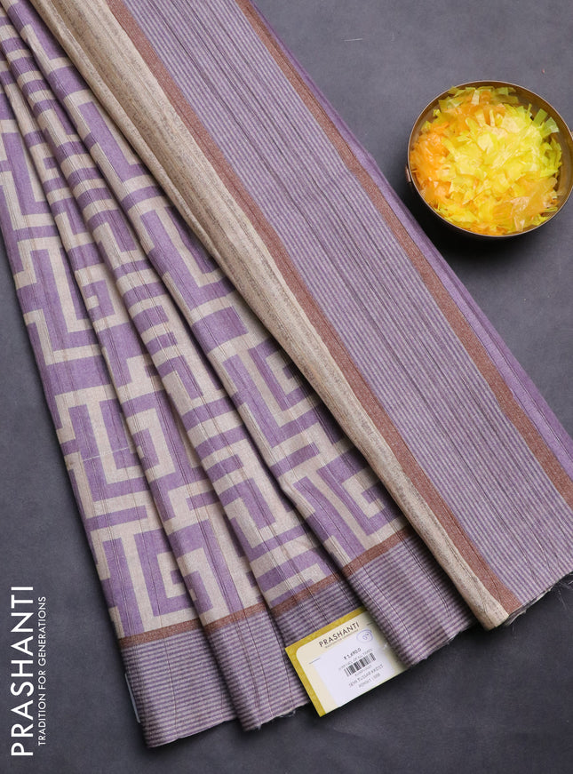 Semi tussar saree lavender and beige with geometric prints and simple border