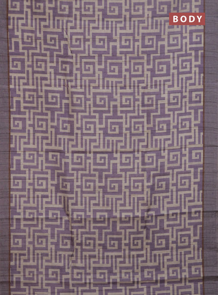 Semi tussar saree lavender and beige with geometric prints and simple border